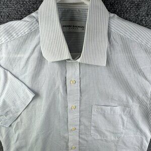Balmain Paris Striped Blue Men Button Up Short Sleeve Shirt Cotton Blend Size 95